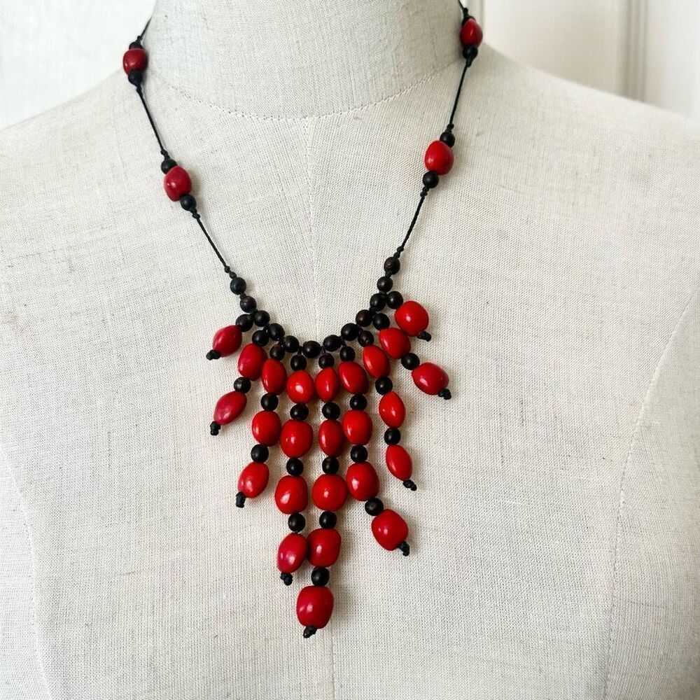 red huayruro seed beaded statement  necklace